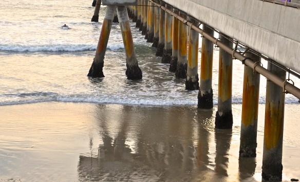 While photographing the Venice Beach Pier reflection on the wet sand, I caught a lone surfer on the background. 